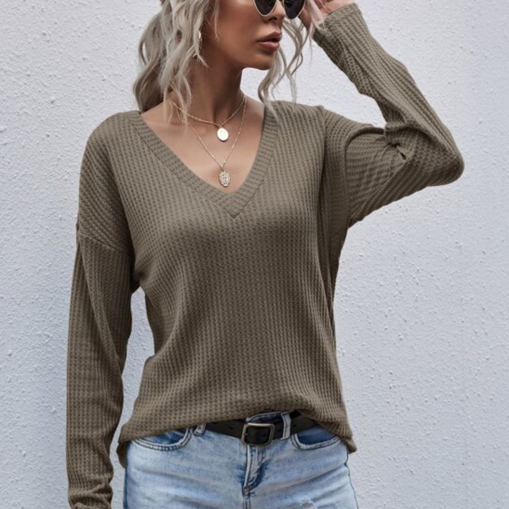 Black V neck Comfy Waffle Oversized Knit Top - Picture 2 of 8
